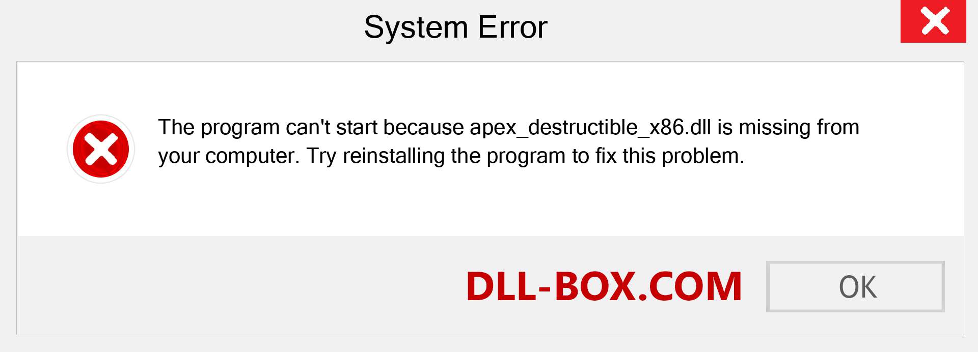  apex_destructible_x86.dll file is missing?. Download for Windows 7, 8, 10 - Fix  apex_destructible_x86 dll Missing Error on Windows, photos, images